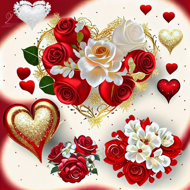 realistic, beautiful, extremely detailed, red and white roses, on elegant, sparkling, detailed, gold glitter, puffy satin hearts, Watercolor Valentine's day wreaths and clipart, good lighting, clear and sharp focus Hand painted hearts,