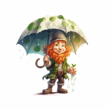 Cute Adorable magical little Leprechaun holds laterally a huge umbrella in his hand wears a raincape and stand in the rain on a country road, correct umbrella, clipart, photorealistic illustration, high detail, 8k polished, 8k, vibrant colors, white background, sticker
