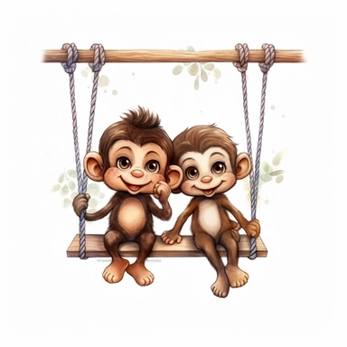 Cute Beautiful Happy Face Couple Baby Monkey sit on a swing Sublimation Clipart ,Cartoon,hyper realistic, intricate detail, illustration style,high solution,on the white background