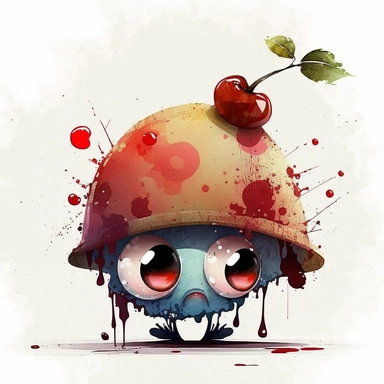 cute abstract watercolour cherry, pixar style, with a pointy fairytale like hat, confused funny big cute eyes, hd, intricate details, clipart