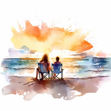 A family Enjoying sunset and sea waves at beach on their beach chair, water color style, clipart, white background
