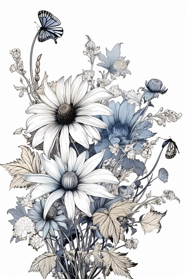 line drawing clipart of flowers in black and white, coloured in