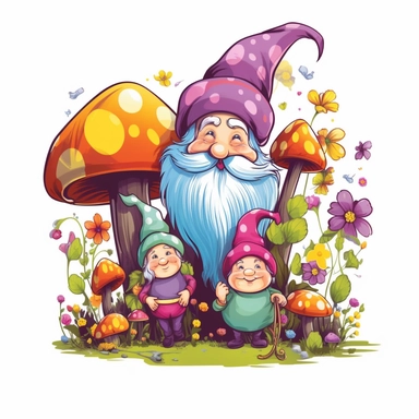 gnomes in spring, floral, colorful, clipart, vector image, black outlines, trending on artstation, isolated white background,