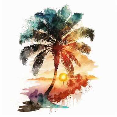 watercolor detailed palm tree on the beach with sunset in the back clipart, white background, no text
