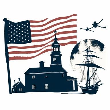 clipart image with iconic symbol, flag, and historic landmark from the American Revolution, perfect for DIY project and craft