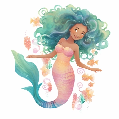 Mermaid Clipart Clipart, full body pastel colors african american Mermaid swimming with a dolphin , natural hair, dreads, distinctive noses, illustration blend with cartoon realism and cate parr style
