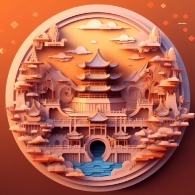 Ancient Chinese architecture landscape scenes, multidimensional paper style, fantastic gradient color, amazing works of art, multidimensional paper craft, soft colors, fisheye images, visual impact, 8 k images, art, dreamy, clipart, vision, bright color, oc rendering, 3 d relief, the figure in the face