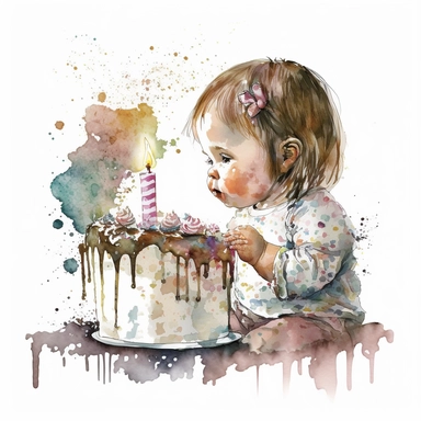 a first birthday cake with watercolor effect,a little happy girl blowing the candle,suitable for digital clipart,white background,a one birthday candle on the cake