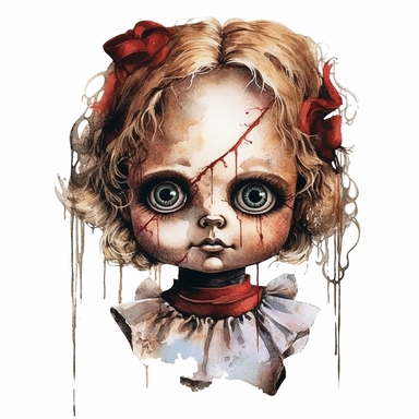 a headshot showing the scary face of a possessed doll, watercolor, ultra high-detail, dark outlines, clipart