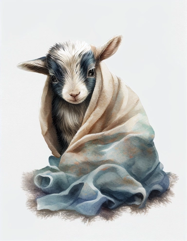 baby goat in a blanket, watercolor clipart, transparent background