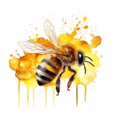 one bee honey on a white background, Watercolor clipart, in the style of texture-rich compositions, pictorial fabrics, white background, anna dittmann, multi-panel compositions , no watermark, text, words, paintbrush, typography, the images do not stick together