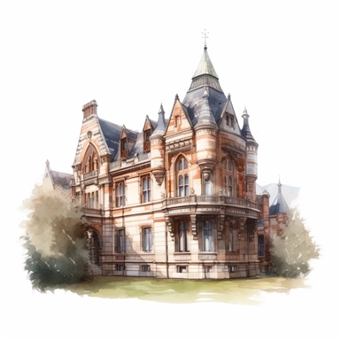 a watercolor of a realistic scenery of an old library building, victorian style, vector free clipart illustration, in the style of unreal engine 5, 32k uhd, detailed features, white background