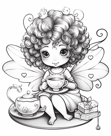 bi-racial Tea Fairy, with wings, with curly hair, enjoying a cup of tea in a cozy teacup surrounded by tea-themed accessories, Kawaii for a childrens book, cartoon style, thick lines, black and white, no shading, line drawing illustration, no kid faces, no duplicate faces, blurry, drawing, cartoon, illustration, painting, concept art, cgi, unreal, anime, black&white, b&w, picture frame, deformed, bad anatomy, disfigured, poorly drawn face, mutation, mutated, extra limb, poorly drawn hands, done 