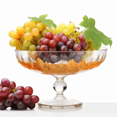 classic fine art photography of a tropical fruit bowl wine glasses grapes golden leaves, high definition, ultra realistic, clip art on white background k8