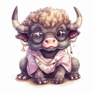 kawaii adorable cape buffalo wearing cute glasses, nursery art, clipart image, line art image, white background, inspired by yoshitaka amano art, very detailed, 8k