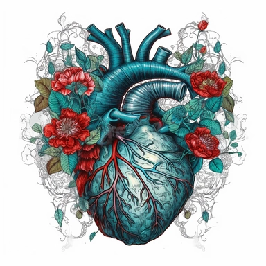 Gothic Floral anatomical Green Heart Clipart, Anatomical Valentine digital-illustration against Solid White Background. Red veins with Blue flowers. Bold, vibrant, Triadic colors. Digital illustration look and feel The image should have a high-detail appearance with texture. The composition should be well-balanced, that evokes the charm of digital-illustration. Blend realism with a touch of stylization, giving digital illustration a sense of depth and personality with meticulous attention to det