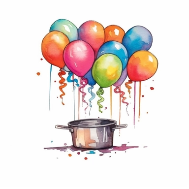 Watercolor, Create a surreal kitchen with balloons replacing cooking utensils and appliances. clipart, hd, on a white background, spased out