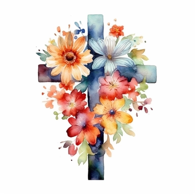 cross, different flowers, watercolor, clipart, white background