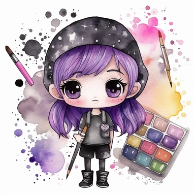 watercolor funny create kawaii marbled black ,silver, purple chibi with school supplies clipart, isolated on white background,space out--ar3:2--s1000