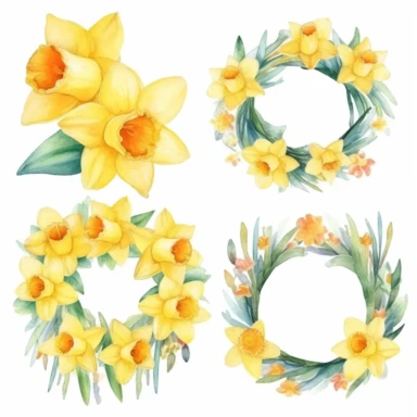6 Watercolor daffodils Clipart, daffodil wreath, daffodil floral bouquets in PNG format instant download for commercial use in a propaganda style art