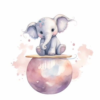 Create a watercolor illustration clipart of a playful cute Baby Elephant Balancing on the ball, with its full body visible. Use soft, flowing brushstrokes and a warm, inviting color palette to create an image that is both charming and whimsical. Incorporate intricate details like the motion of Baby Elephant Balancing on the ball to create a lifelike, realistic image. Can add other elements to the illustration like related item to play to create playful scene. Use white background to allow the wa