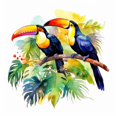 Two Toucans sitting proudly on a branch in the forest, looking off into the camera, with a few tropical plants and leaves framing the scene, vivid colors, watercolor by Thomas W. Schaller, clipart, solid background, no watermark, 8k