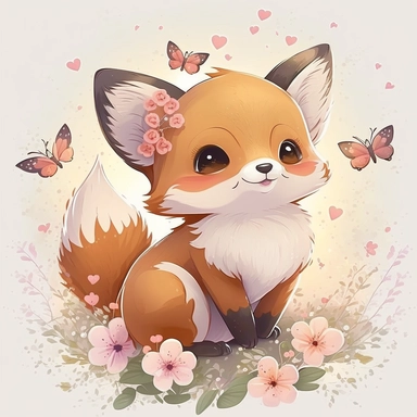 baby fox with hearts, butterflies flying, smiling, flowers, with lights, cute, clipart, kawaii, disney, detailed, ultra high definition