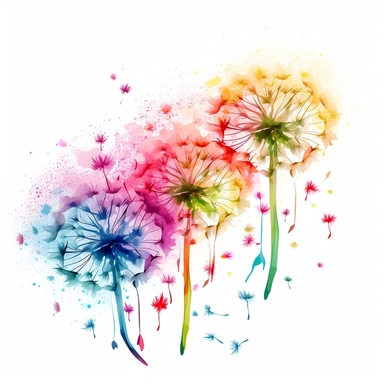 full head dandelions blowing in the wind. Paint Splashes on white background. Pink, purple, yellow, turquoise, green. Clipart