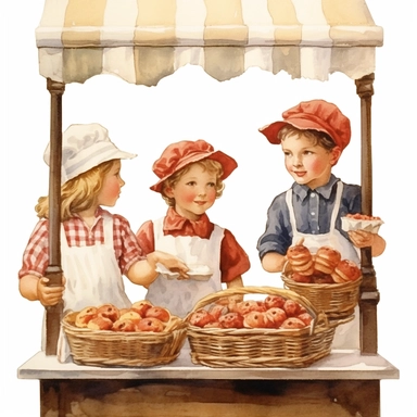 Cute french - style a farmer children selling strawberry bakery stand clipart, 1940, strawberry bakery, distinguished bakeries, detailed bakery, watercolor, realistic watercolor painting in storybook illustration, pencil drawing by Angela Barrett, Elsa Beskow, highly detailed, 8k, high resolution, crisp details, white background