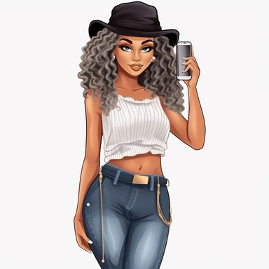 A beautiful African American woman, Denim girl clipart, Denim clipart, Fashion girl clipart, wearing denim shorts, brown leather sandals, Jeans Girl Clipart, African American clipart, Afro girls clipart, Clipart, ultra realistic, hand drawn,wearing the white crop tops, all with beautiful bright smiles, Full body. Clothing line, retail fashion, 2023, fashionnova, African american, mid sized models. Highly detailed. very attractive, glamorous, make up beautiful, gorgeous, glowing make - up. full b
