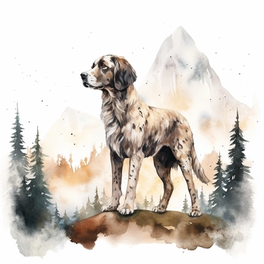 Painting and Illustration Watercolor Print Portrait of a Huge Dog Standing on Its Two Feet in the Woods Sticking Out Its Tongue and Mountain Behind It Wall Art Clipart Printable Art Watercolor Painting Watercolor Appaloosa Mountain Dog Art Udal Art for Commercial Use