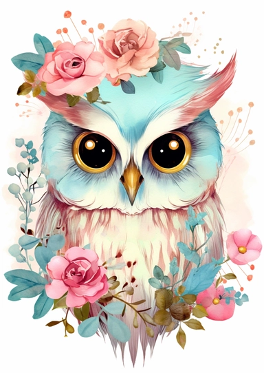 Cute Owl with gold rose clipart, in the style of pink and aquamarine, feminine portraiture, sparklecore, chinese painting, floral explosions, flickr, whimsical cartoon-style