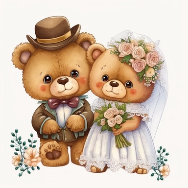 cute teddy bears getting married, handpainted, clipart, white background