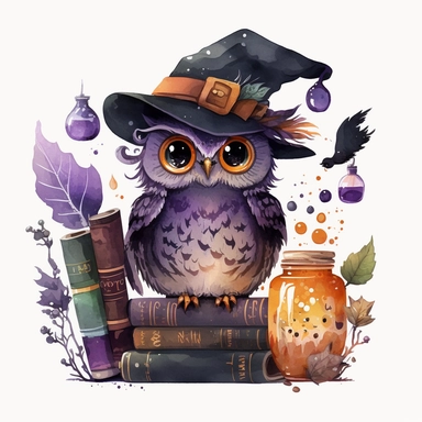 Watercolour cute witches owl, wearing a witch hat, clipart. The owl is sitting on a bookshelf, surrounded by books and potions. Its feathers are a mix of dark and orange shades, and its eyes are looking directly at the viewer. The witch hat has a purple ribbon, and the owl is holding a feather quill in its wing. The bookshelf is in a dark, candlelit room, with cobwebs and a cauldron in the corner. The books have titles like The Art of Witchcraft and Magical Potions and Spells. The potions on the