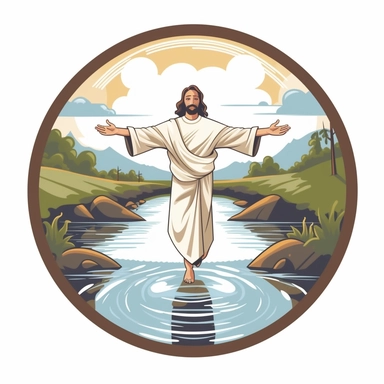 High Quality Jesus Christ hands in the air with a stick in his hands, River splitting through the middle with walking path, River water on the side of the design, Clipart style, solid white background
