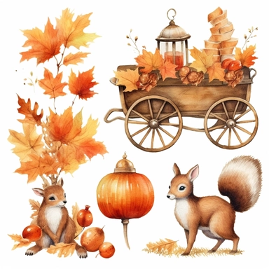 Watercolor Autumn,clipart,Watercolor deer,squirrel,pumpkin carriage,Watercolor illustrations, Hand drawn painting