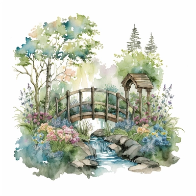 The spring bridge illustration is a colorful watercolor artwork depicting a picturesque garden scene during the summertime. The bridge itself is a rustic wooden structure with arched beams and railings, spanning over a babbling brook. The water is depicted in shades of blue and green, with watercolor drops adding a sense of motion and fluidity. The garden surrounding the bridge is bursting with vibrant summer flowers in shades of pink, purple, yellow, and orange. The flowers are painted in a loo