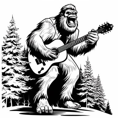 bigfoot playing a guitar in black and white clipart