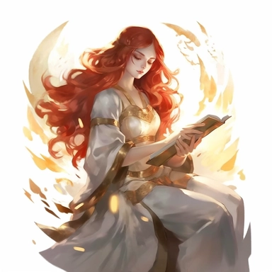 a girl reading a book with red flowing hair, delicate shades of red orange and gold, watercolor clipart, white backound, no backound, glowing,Takehisa Yumeji