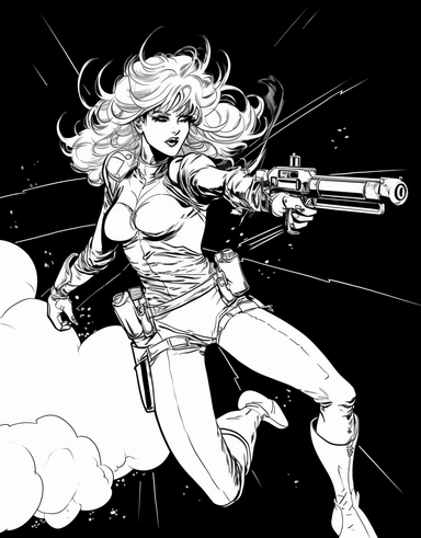 black and white manga style line art colouring book style realistic drawing of barbarella, dynamic pose, firing a blaster, wide angle, full body, no shading, black and white, flat, clipart, white background