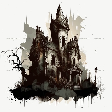 isolated clipart image of a spooky gothic house with intricate architectural details, twisted spires, and looming shadows, each house unique in its design, showcasing different elements like pointed windows, wrought-iron gates, and weathered stone walls, surrounded by a foggy atmosphere that adds a sense of mystery and intrigue, watercolor painting, delicate brushstrokes capturing the eerie charm, ethereal washes of color capturing the magical atmosphere