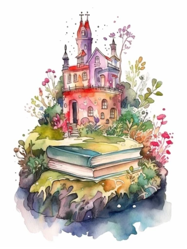 Watercolor clipart with white background, open book, magical fantasy kingdom, secret garden, flat design, clearly defined, high quality clipart
