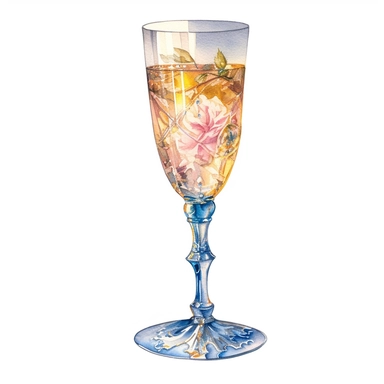 vintage style Detailed light and shadow, 2D outline, A beautifully patterned neo rococo Victorian baroque hyper realistic glass of champagne in varying hues of pale pink, blue and yellow, stunningly beautiful, refined and sophisticated, Hand drawn, cicely mary barker ,realistic watercolor, Clipart, emotionally pleasing watercolor, i can't believe how beatiful this is,accurate detailed line art, white background, intricate detail, clean line art, saturated fantasy watercolor
