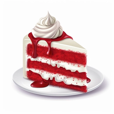 Design a clipart image of a red velvet cake white background. Depict a moist and velvety red-colored cake layered with cream cheese frosting, creating a visually striking dessert.