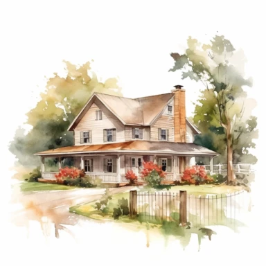 elegant rustic watercolor farmhouse in the summer, clipart