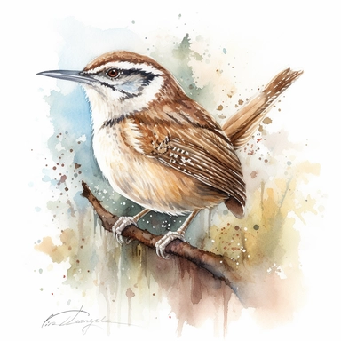 Carolina wren sharp illustration clipart, watercolor art, insane detail, white background