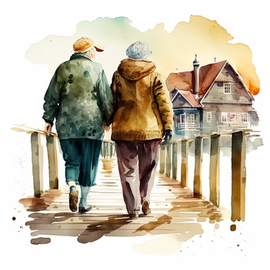 Old Couple Watercolor Clipart walking along a boardwalk with back towards us