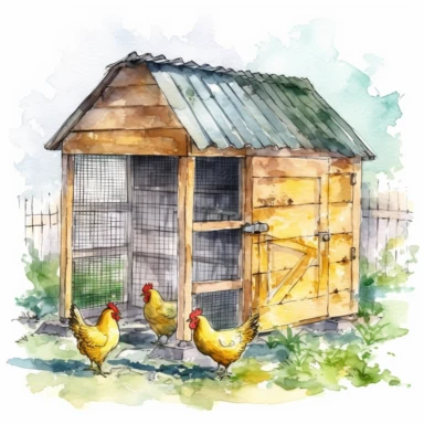 realistic watercolor backyard chicken coop with net cage on a totally white background, clipart