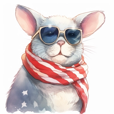 Chinchilla is sitting, wears American flag scarf and sunglasses, closeups shot, low angle, watercolor style, hyper-realistic animal illustrations, 2d game art, quadratura, clipart, on white background,