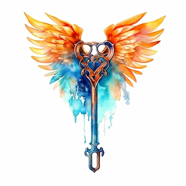 fantasy unique key with wings watercolor clipart, orange and blue, make behind the key mystical, white background